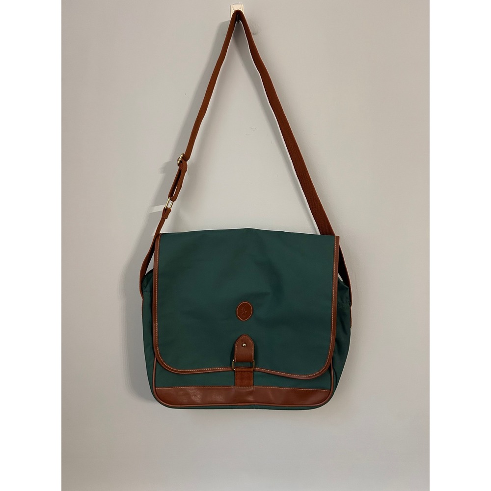 VTG Polo Ralph Lauren Messenger Bag Green Canvas Brown Trim Crossbody Laptop Bag